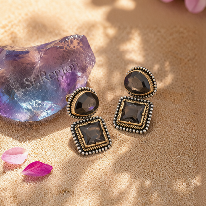 Gray Crystal & Two-Tone Drop Square Dangle Earrings