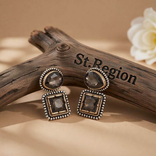 Gray Crystal & Two-Tone Drop Square Dangle Earrings
