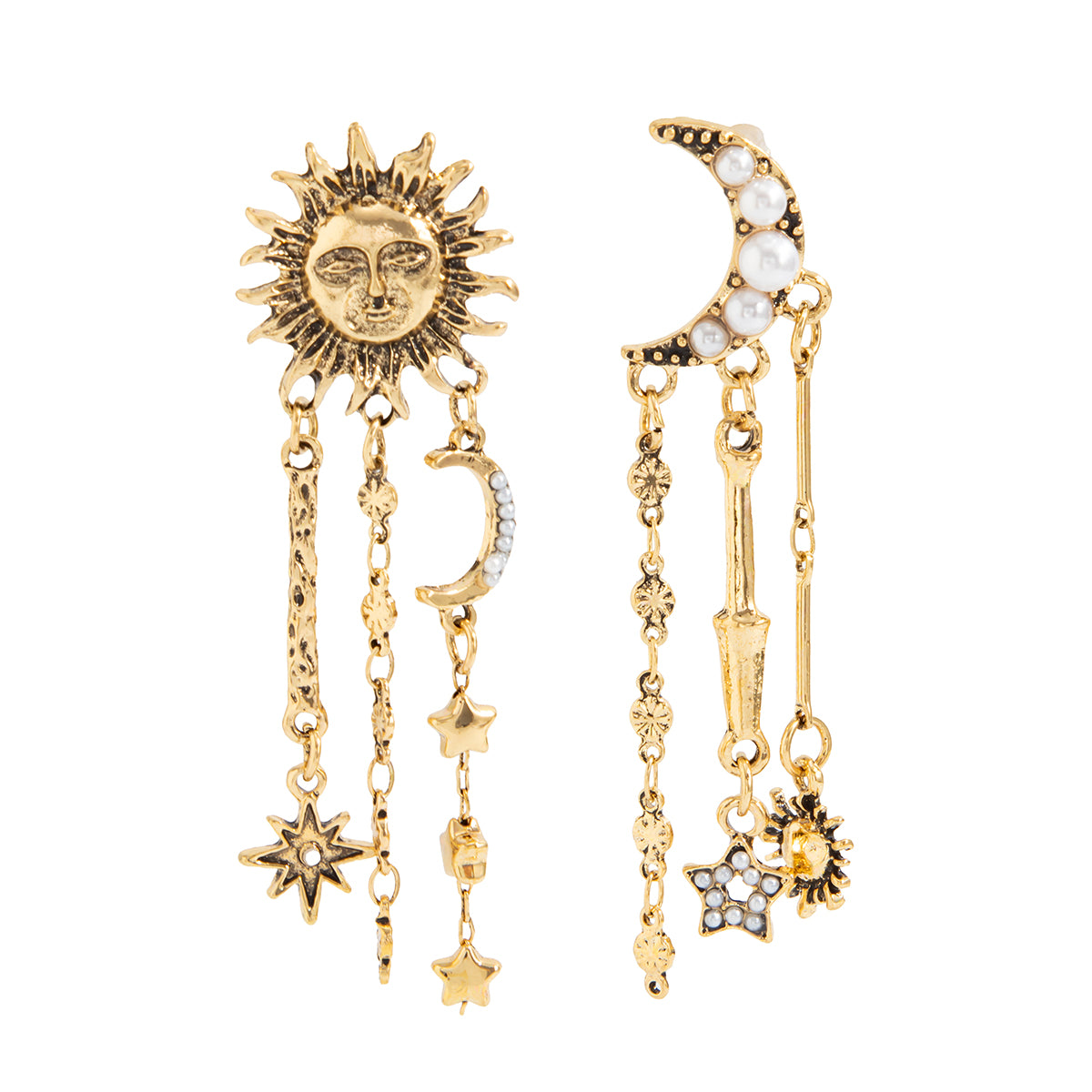 Pearl & Goldtone Mismatching Celestial Dangle Earrings