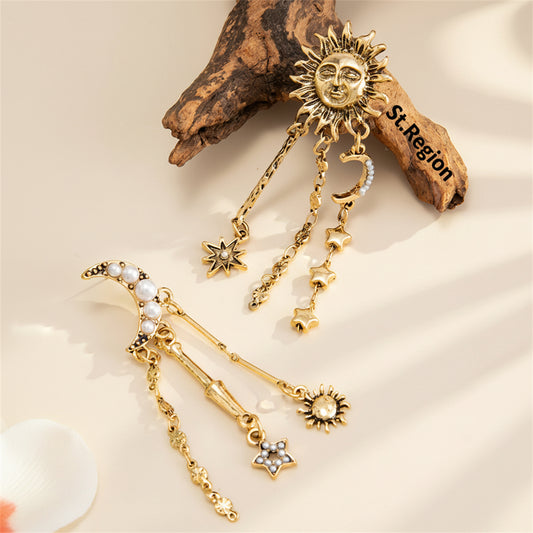 Pearl & Goldtone Mismatching Celestial Dangle Earrings