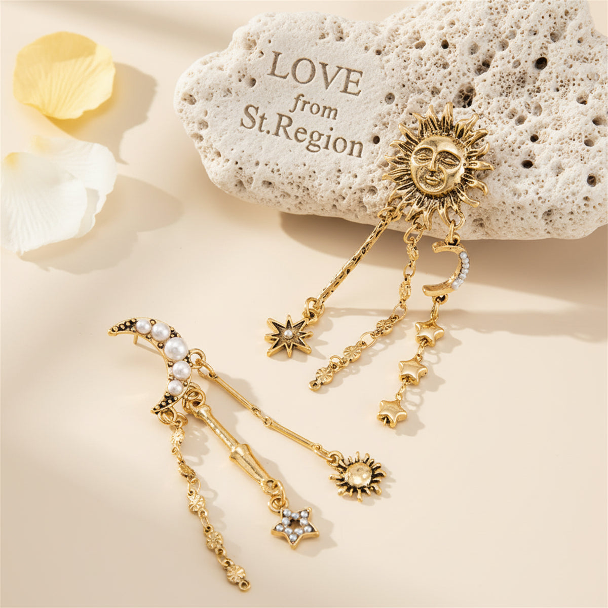Pearl & Goldtone Mismatching Celestial Dangle Earrings