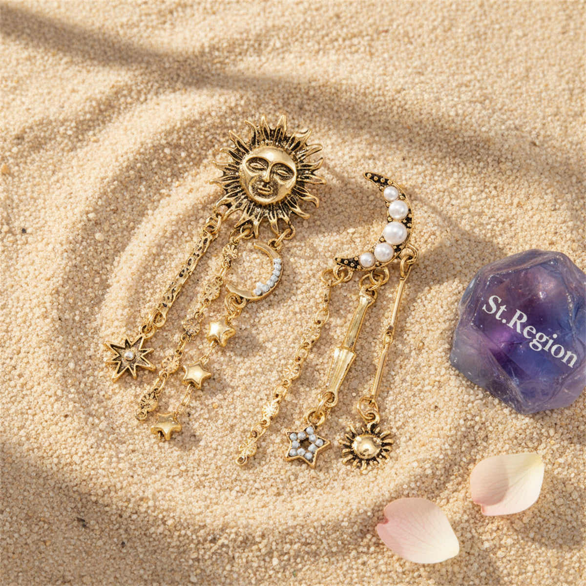 Pearl & Goldtone Mismatching Celestial Dangle Earrings