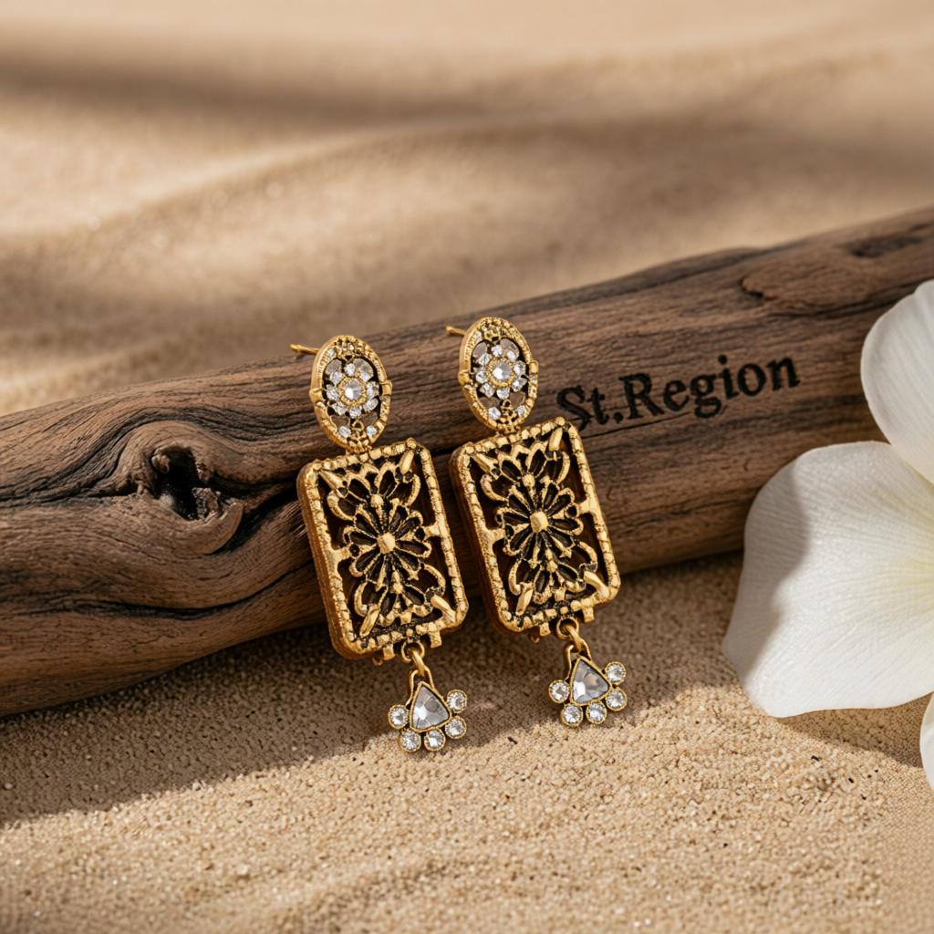Cubic Zirconia and Goldtone Flower Rectangle Dangle Earrings, gold drop earrings for women, everyday style, front view