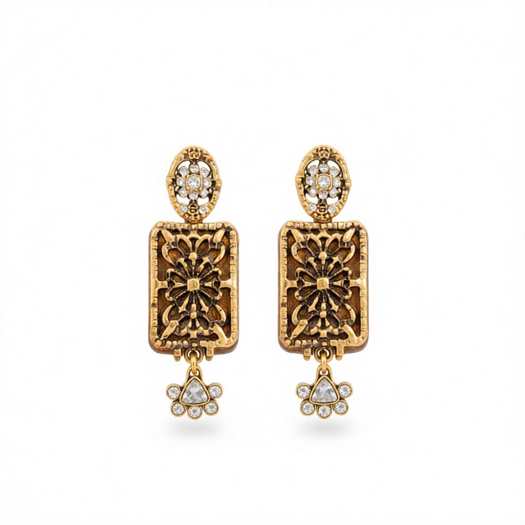 Cubic Zirconia and Goldtone Flower Rectangle Dangle Earrings, gold drop earrings for women, everyday style, side view
