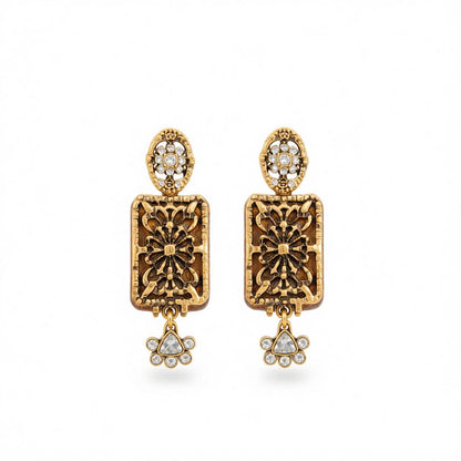Cubic Zirconia and Goldtone Flower Rectangle Dangle Earrings, gold drop earrings for women, everyday style, side view