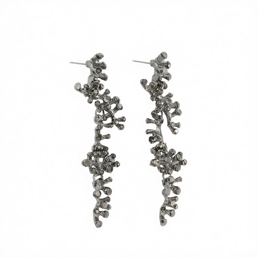 Cubic Zirconia and Blacktone Coral Branch Dangle Earrings, drop earrings for women, dainty minimalist design, side view