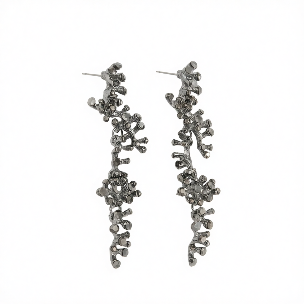 Cubic Zirconia & Blacktone Coral Branch Dangle Earrings