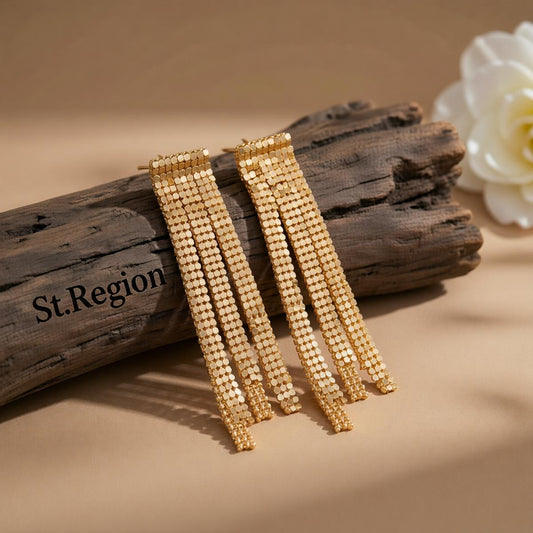 Goldtone Sequin Tassel Dangle Earrings, gold drop earrings for women, elegant gift for her, front view