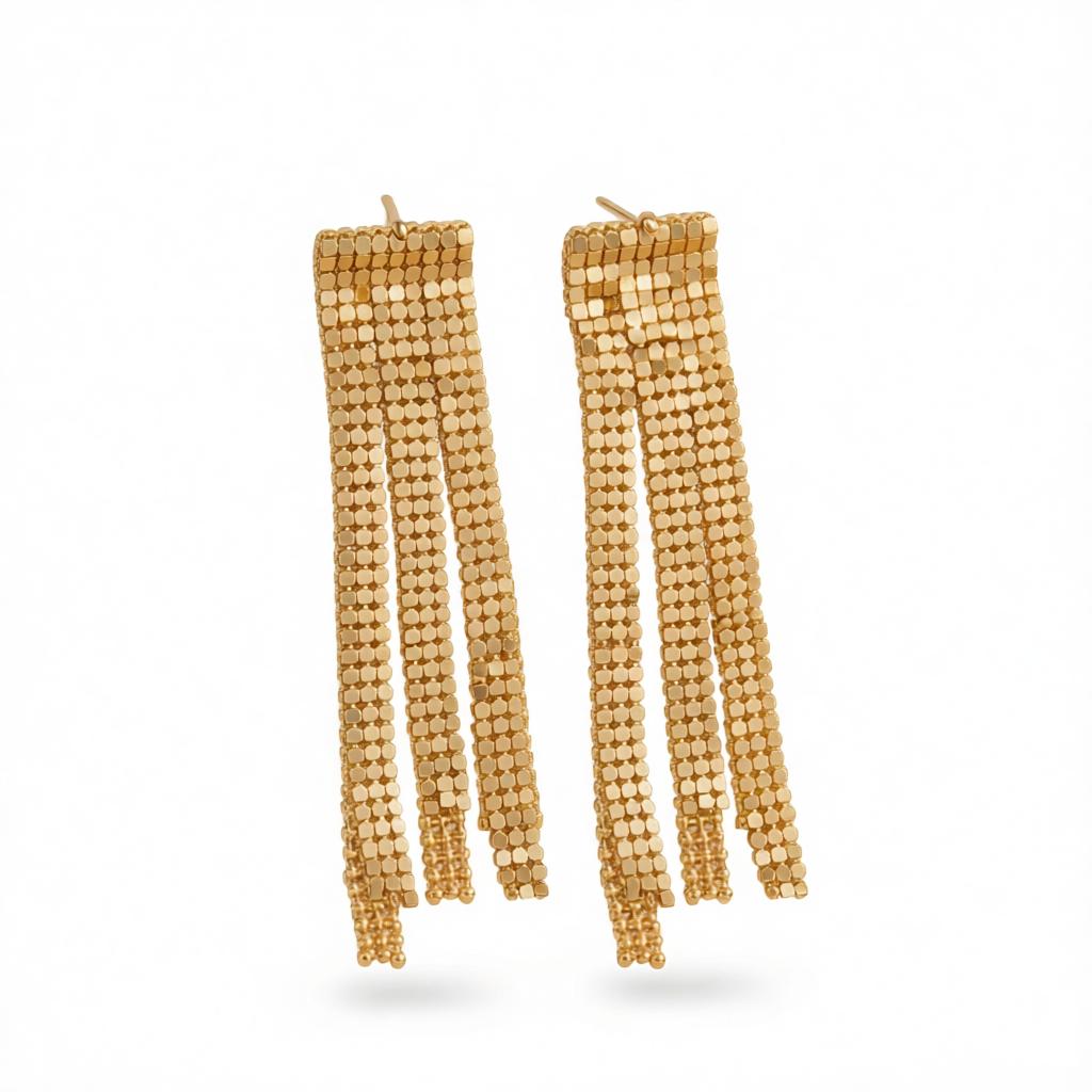 Goldtone Sequin Tassel Dangle Earrings, gold drop earrings for women, elegant gift for her, side view