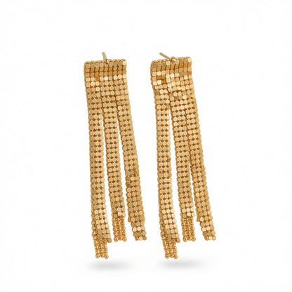 Goldtone Sequin Tassel Dangle Earrings, gold drop earrings for women, elegant gift for her, side view