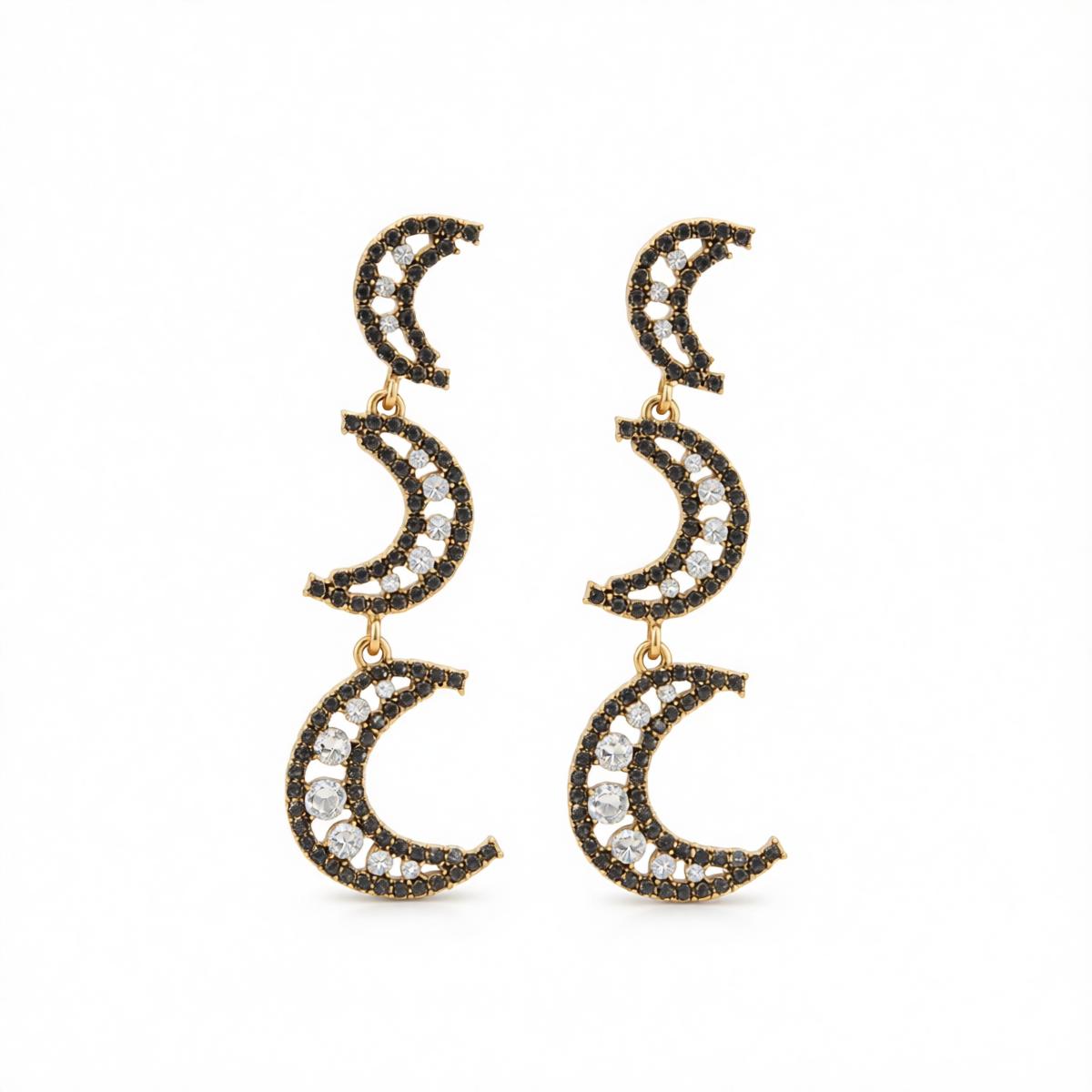 Black Cubic Zirconia and Goldtone Tiered Moon Dangle Earrings, gold drop earrings for women, elegant gift for her, side view