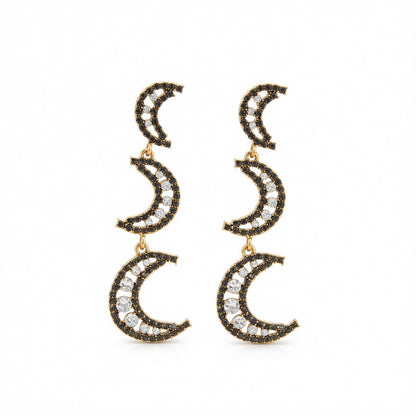 Black Cubic Zirconia and Goldtone Tiered Moon Dangle Earrings, gold drop earrings for women, elegant gift for her, side view