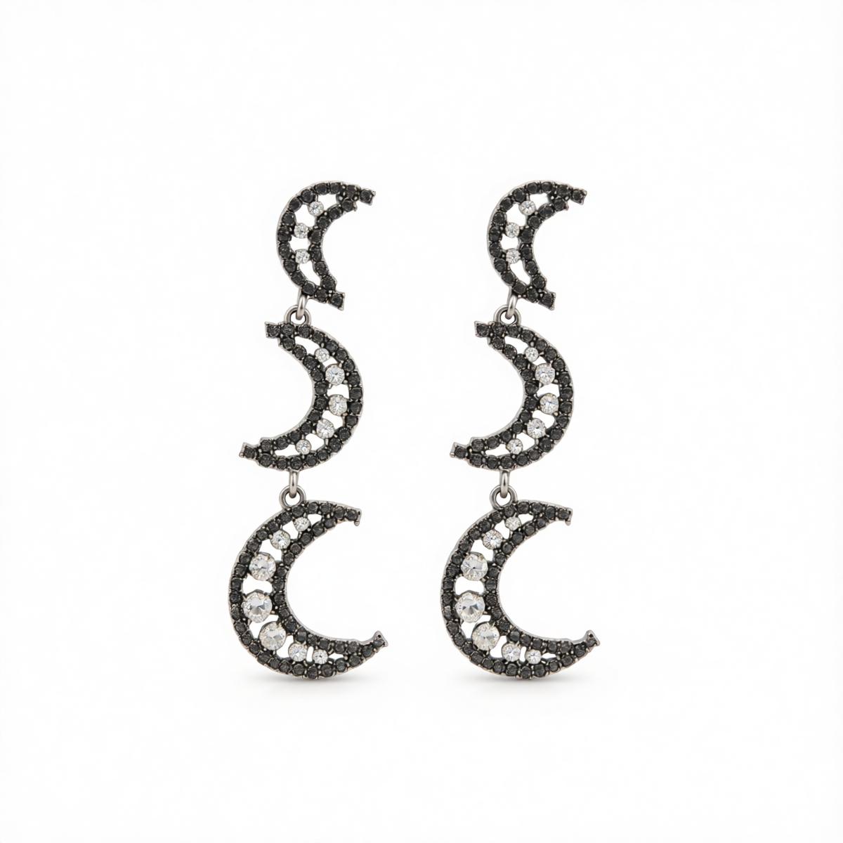 Black Cubic Zirconia and Silvertone Tiered Moon Dangle Earrings, silver drop earrings for women, side view