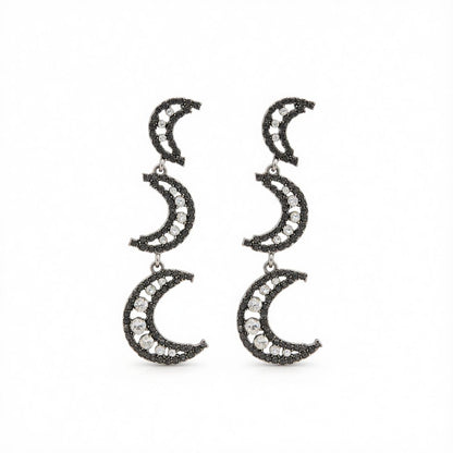 Black Cubic Zirconia and Silvertone Tiered Moon Dangle Earrings, silver drop earrings for women, side view