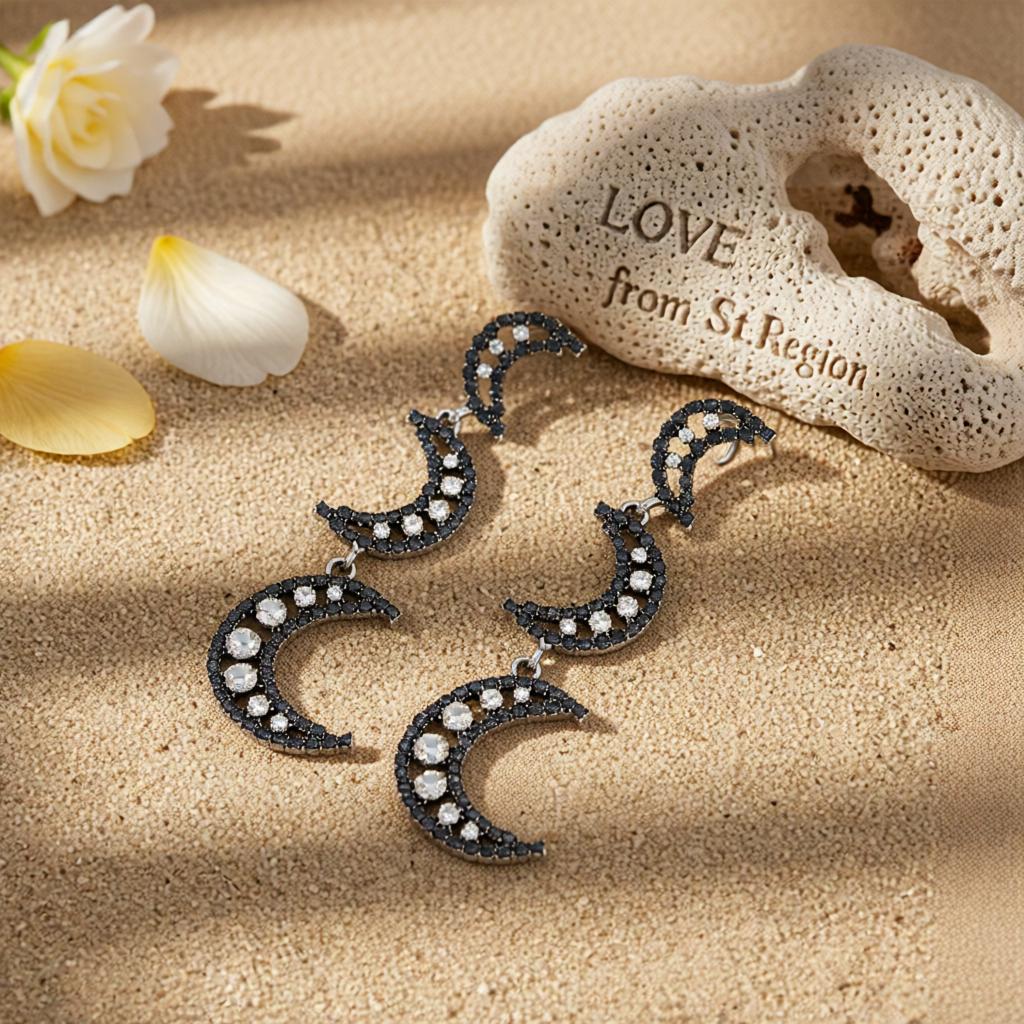 Black Cubic Zirconia and Silvertone Tiered Moon Dangle Earrings, silver drop earrings for women, lifestyle look