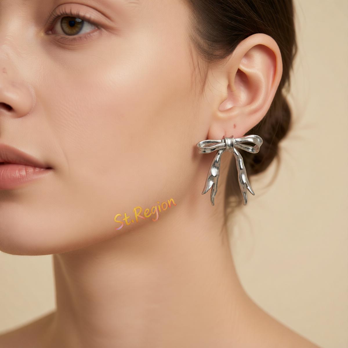 Silvertone Hammered Bow Stud Earrings, cubic zirconia stud earrings for women, dainty minimalist design, styled look