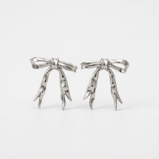 Silvertone Hammered Bow Stud Earrings