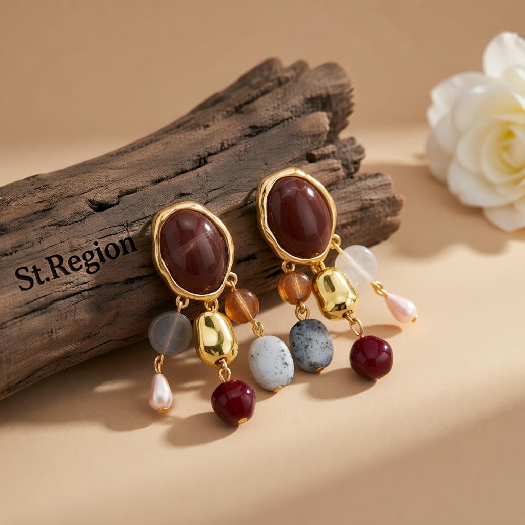 Multi-Colored Resin and Goldtone Oval Tassel Dangle Earrings, gold drop earrings for women, everyday style, front view
