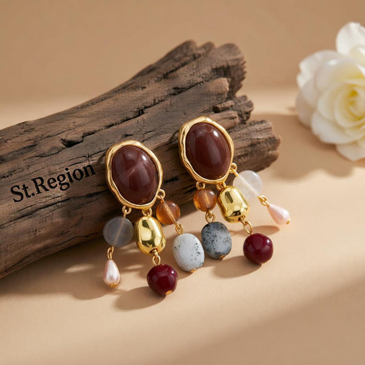 Multi-Colored Resin and Goldtone Oval Tassel Dangle Earrings, gold drop earrings for women, everyday style, front view