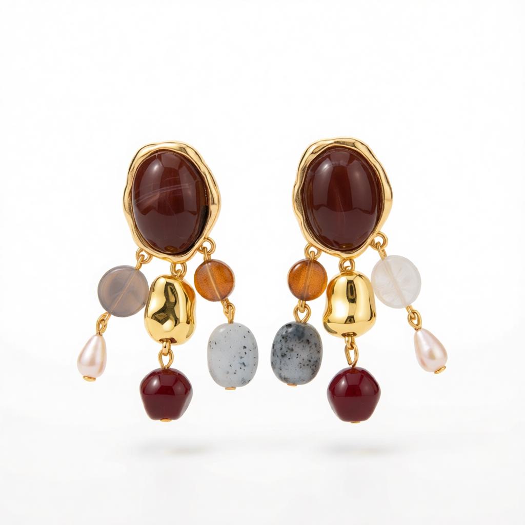 Multi-Colored Resin and Goldtone Oval Tassel Dangle Earrings, gold drop earrings for women, everyday style, side view
