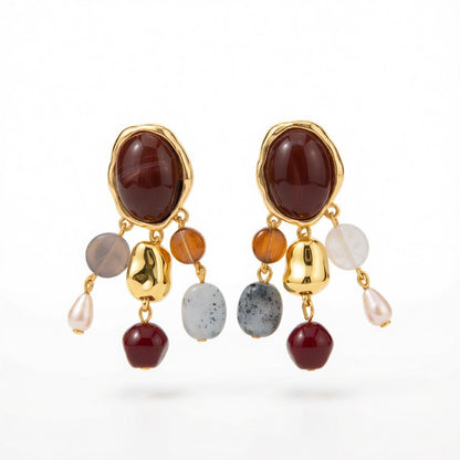 Multi-Colored Resin and Goldtone Oval Tassel Dangle Earrings, gold drop earrings for women, everyday style, side view