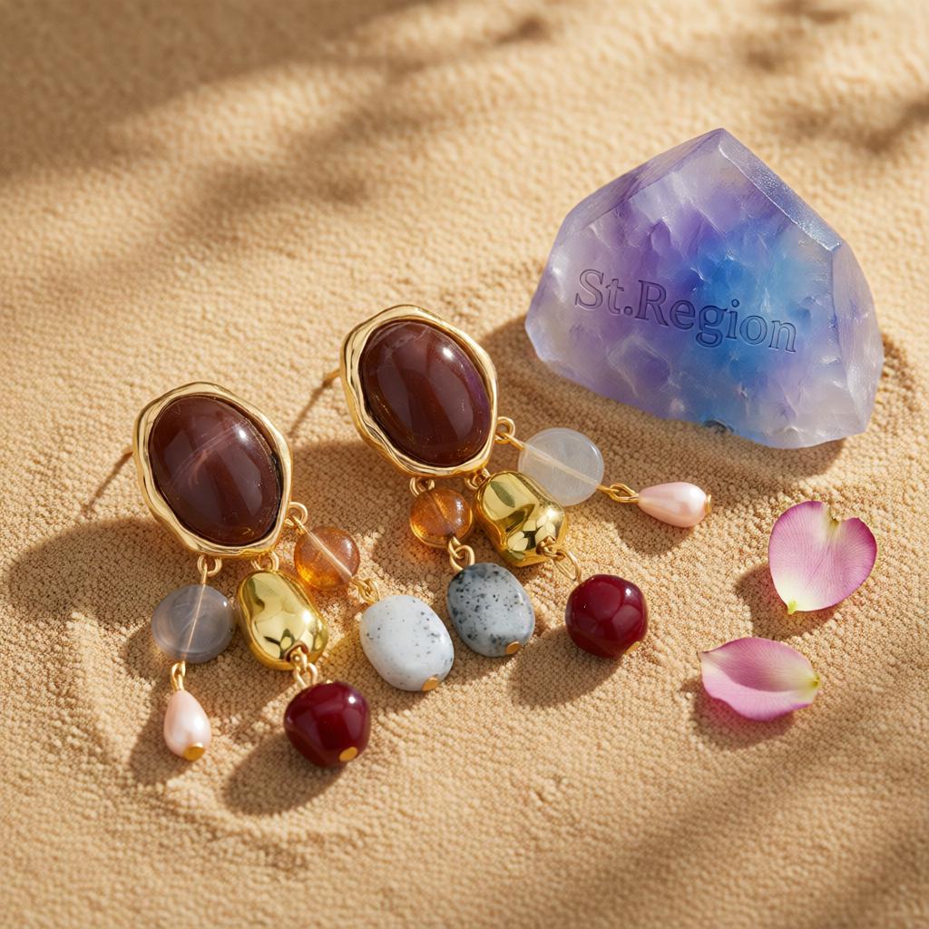 Multi-Colored Resin and Goldtone Oval Tassel Dangle Earrings, gold drop earrings for women, everyday style, detail close-up
