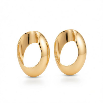 Goldtone Open Oval Statement Earrings, cubic zirconia stud earrings for women, botanical inspired, side view