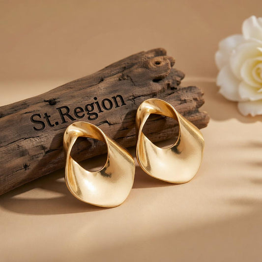 Goldtone Open Twisted Irregular Statement Earrings, cubic zirconia stud earrings for women, front view