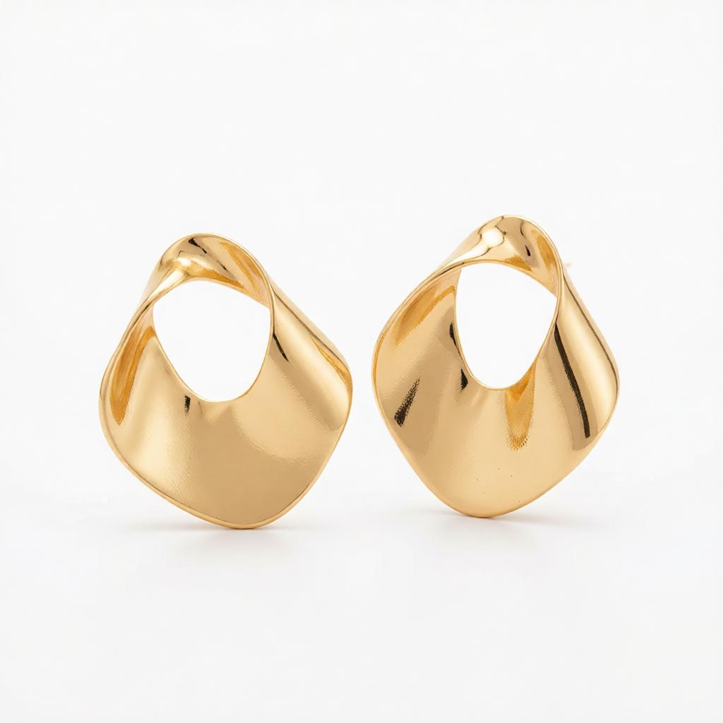 Goldtone Open Twisted Irregular Statement Earrings, cubic zirconia stud earrings for women, side view