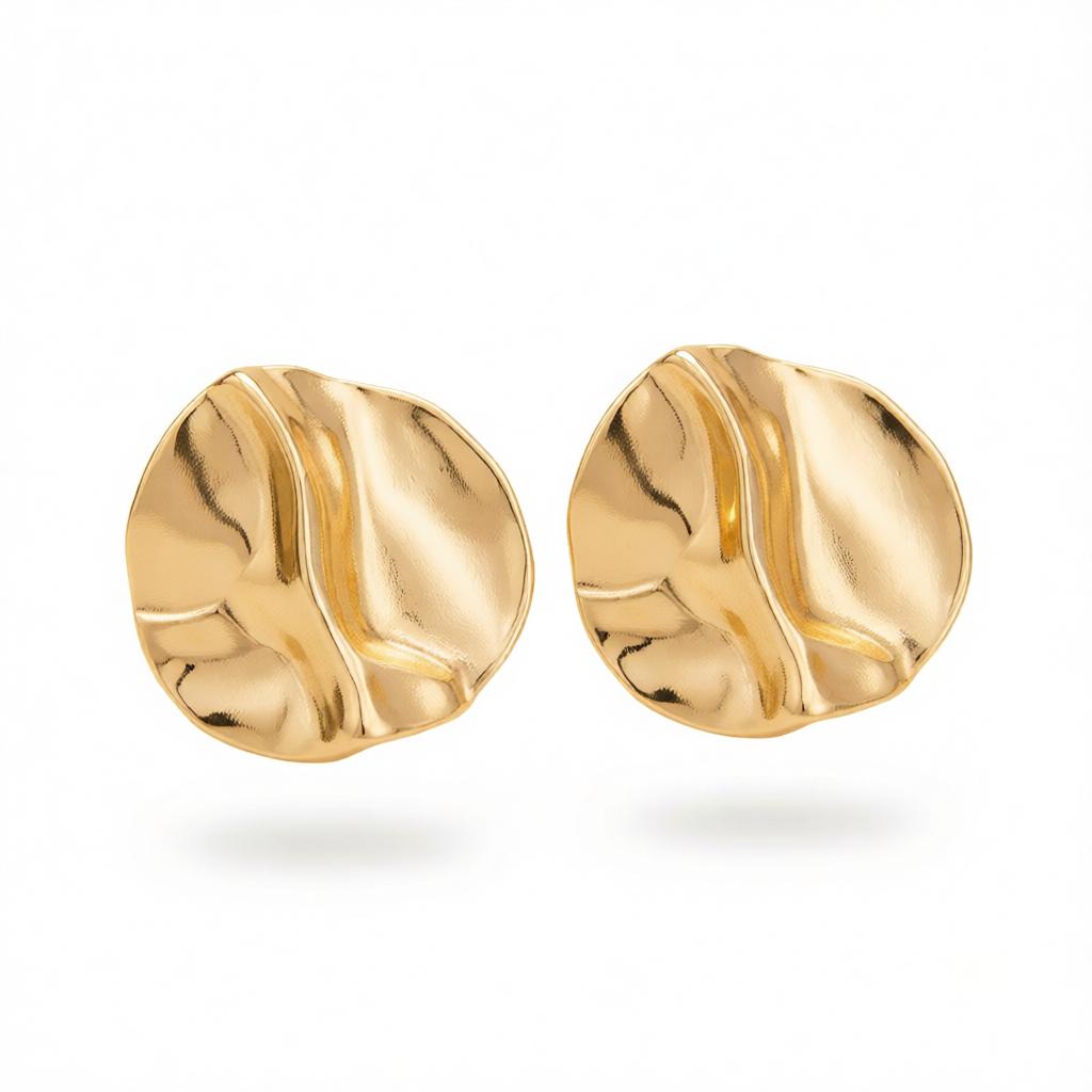 Goldtone Hammered Round Statement Earrings, cubic zirconia stud earrings for women, vintage-inspired design, side view