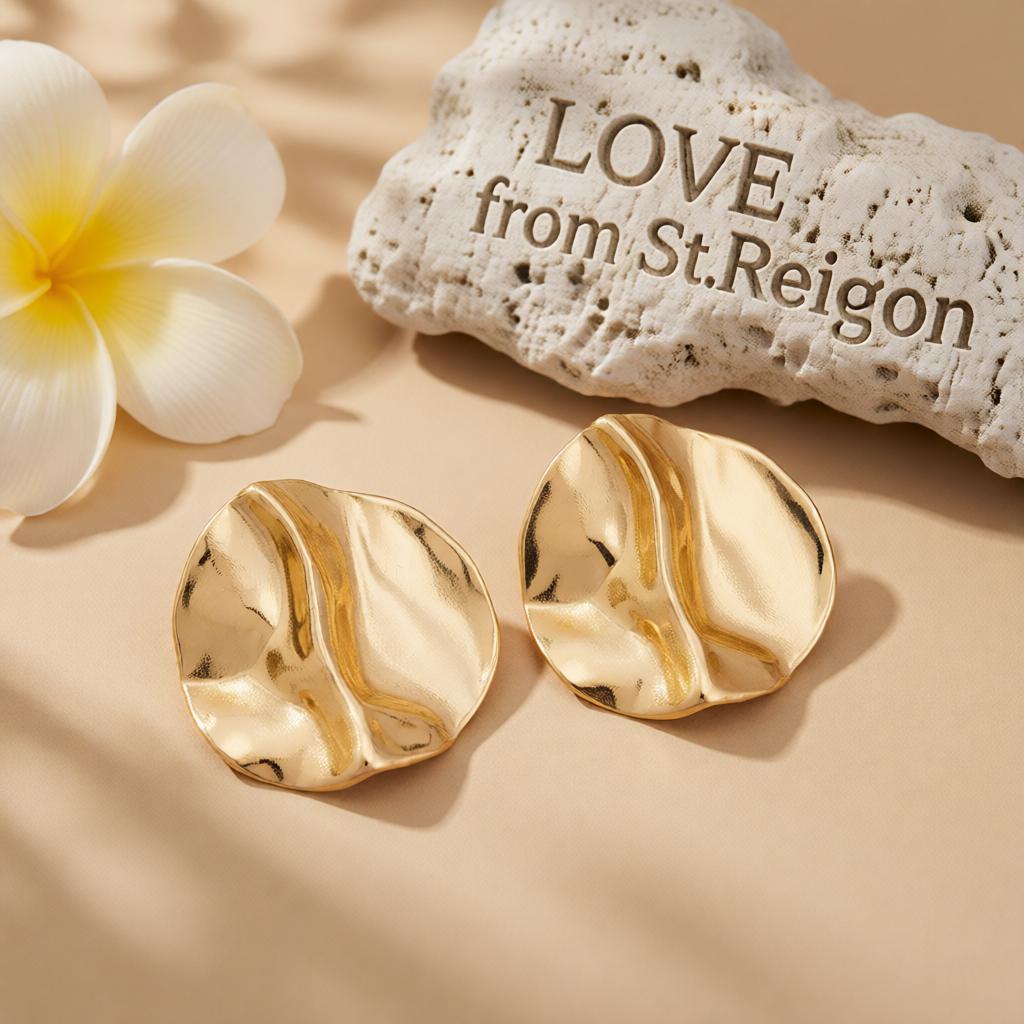 Goldtone Hammered Round Statement Earrings, cubic zirconia stud earrings for women, vintage-inspired design, lifestyle look