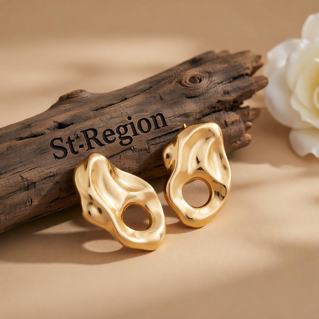 Goldtone Hammered Open Uneven Drop Statement Stud Earrings, cubic zirconia stud earrings for women, front view