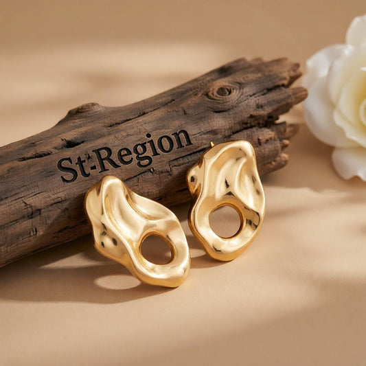Goldtone Hammered Open Uneven Drop Statement Stud Earrings, cubic zirconia stud earrings for women, front view