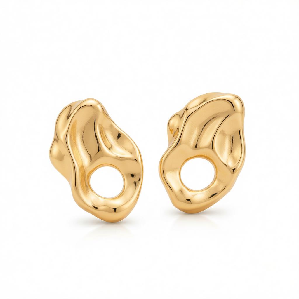 Goldtone Hammered Open Uneven Drop Statement Stud Earrings, cubic zirconia stud earrings for women, everyday style, side view
