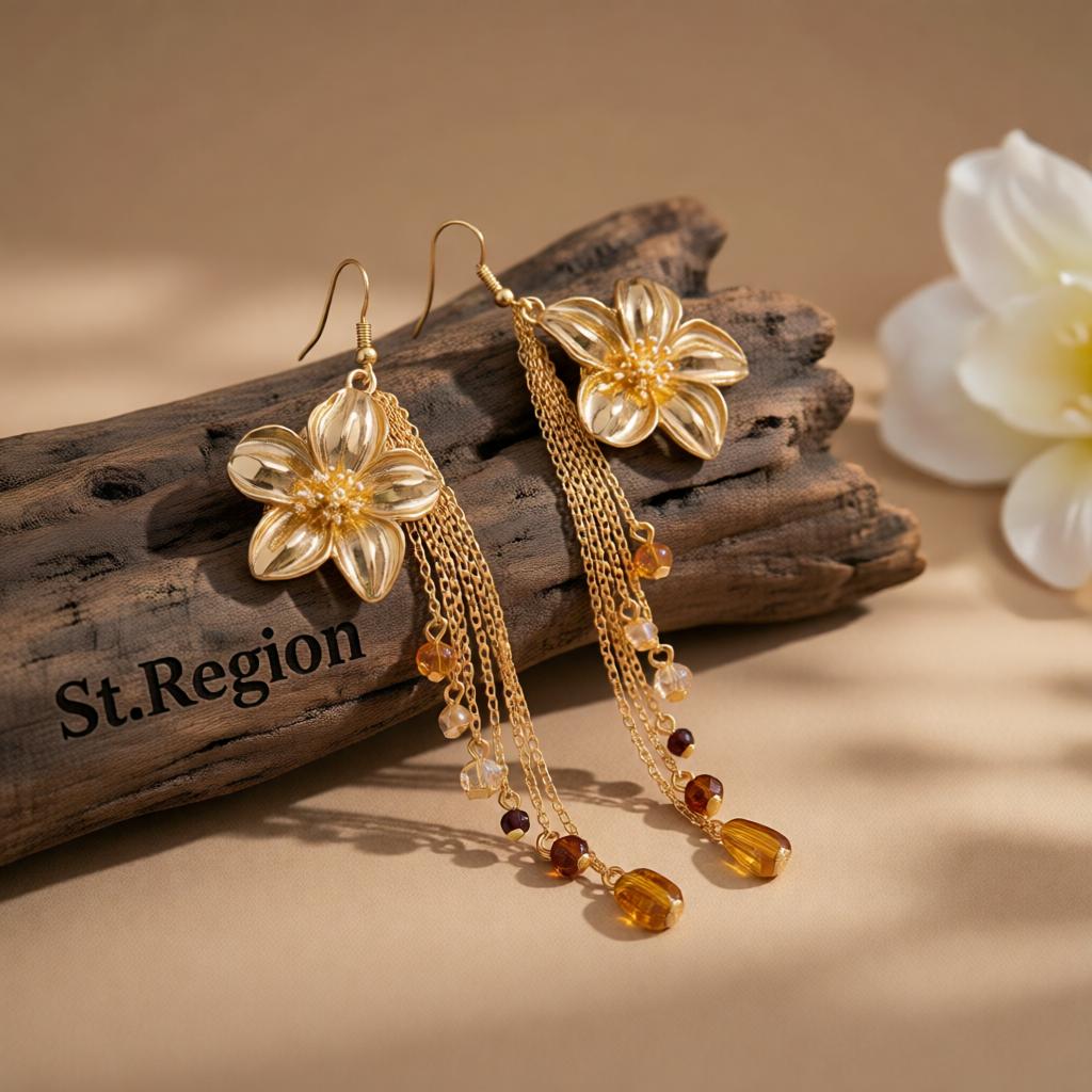 Multi-Colored Resin and Goldtone Flower Tassel Dangle Earrings, gold drop earrings for women, front view