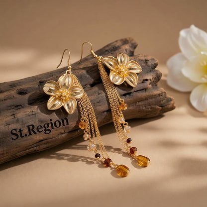 Multi-Colored Resin and Goldtone Flower Tassel Dangle Earrings, gold drop earrings for women, front view