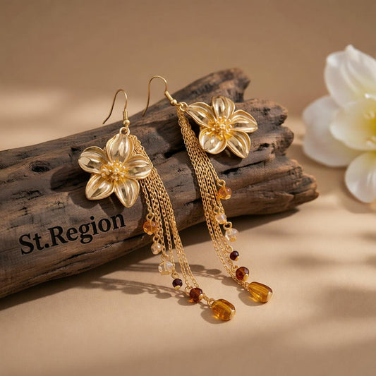Multi-Colored Resin and Goldtone Flower Tassel Dangle Earrings, gold drop earrings for women, front view