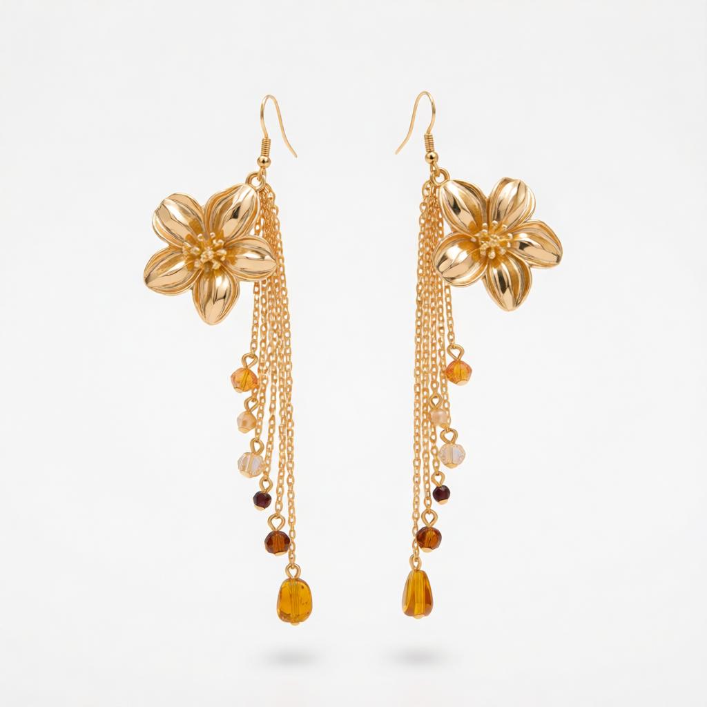 Multi-Colored Resin and Goldtone Flower Tassel Dangle Earrings, gold drop earrings for women, side view