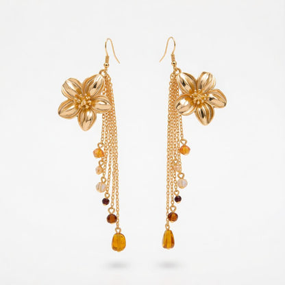 Multi-Colored Resin and Goldtone Flower Tassel Dangle Earrings, gold drop earrings for women, side view