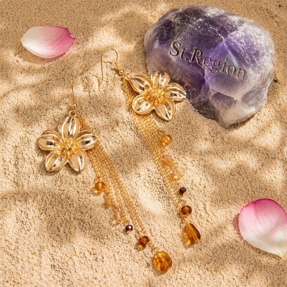 Multi-Colored Resin and Goldtone Flower Tassel Dangle Earrings, gold drop earrings for women, detail close-up