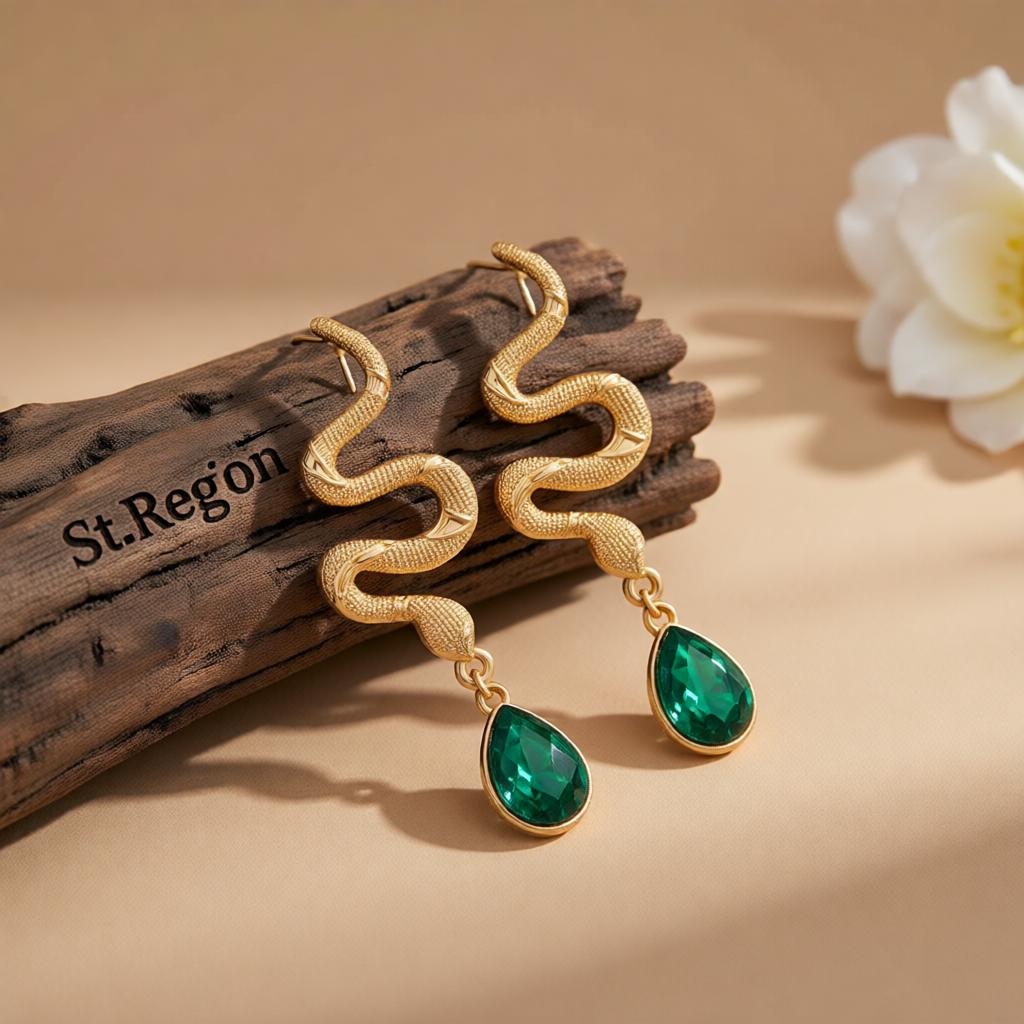 Crystal and Goldtone Textured Snake Dangle Earrings, gold drop earrings for women, botanical inspired, front view