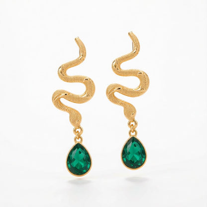 Crystal and Goldtone Textured Snake Dangle Earrings, gold drop earrings for women, botanical inspired, side view