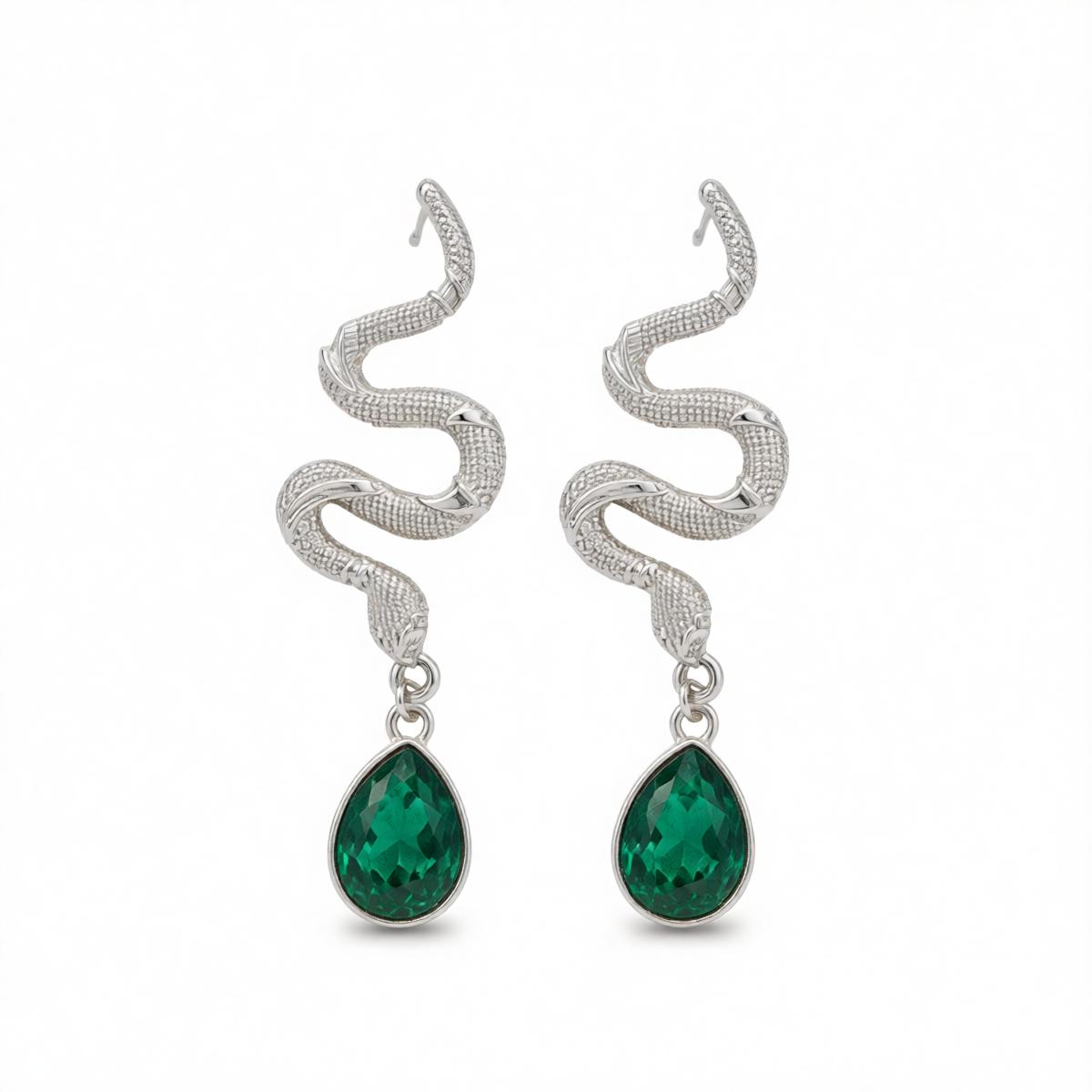 Crystal and Silvertone Textured Snake Dangle Earrings, silver drop earrings for women, everyday style, side view