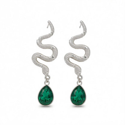 Crystal and Silvertone Textured Snake Dangle Earrings, silver drop earrings for women, everyday style, side view