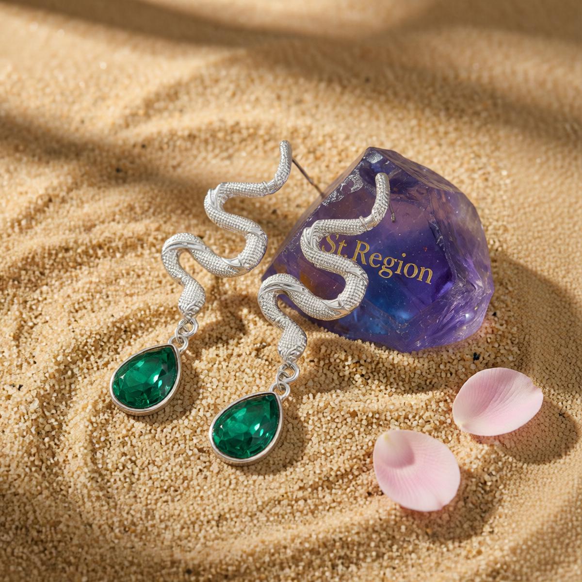 Crystal and Silvertone Textured Snake Dangle Earrings, silver drop earrings for women, everyday style, detail close-up