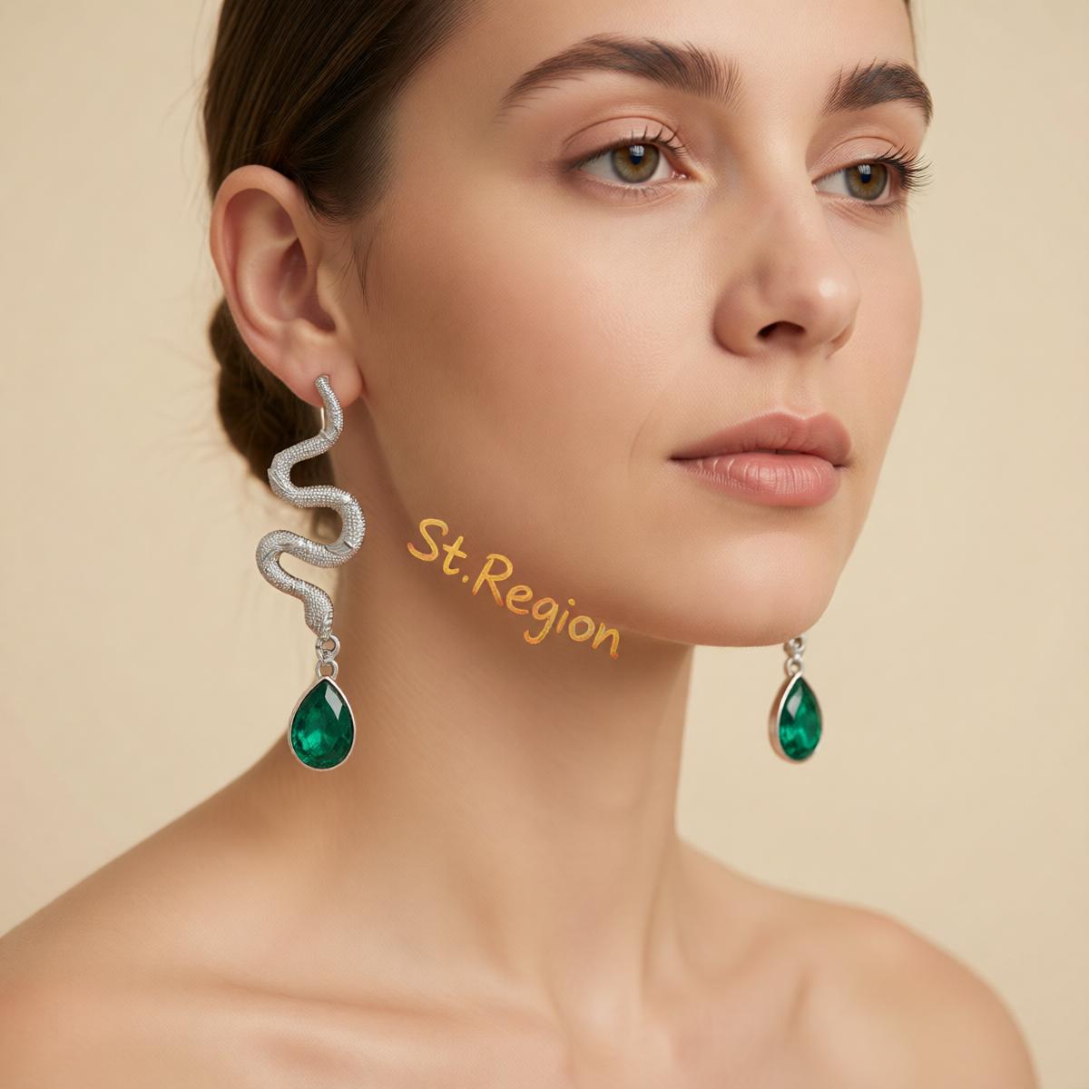 Crystal and Silvertone Textured Snake Dangle Earrings, silver drop earrings for women, everyday style, styled look