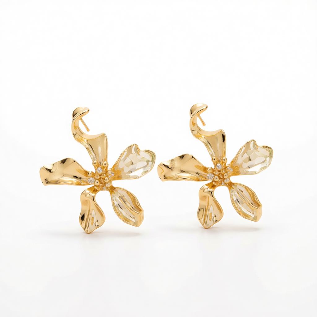 Goldtone Flower Statement Stud Earrings, cubic zirconia stud earrings for women, elegant gift for her, side view