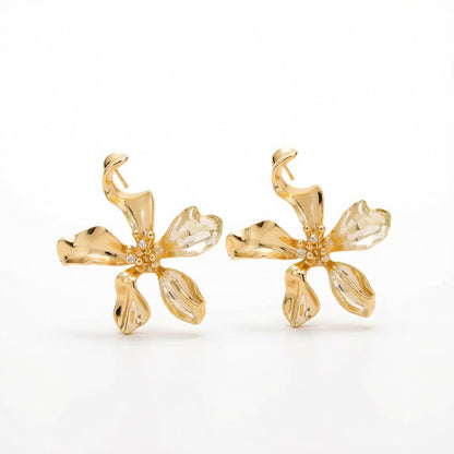 Goldtone Flower Statement Stud Earrings, cubic zirconia stud earrings for women, elegant gift for her, side view
