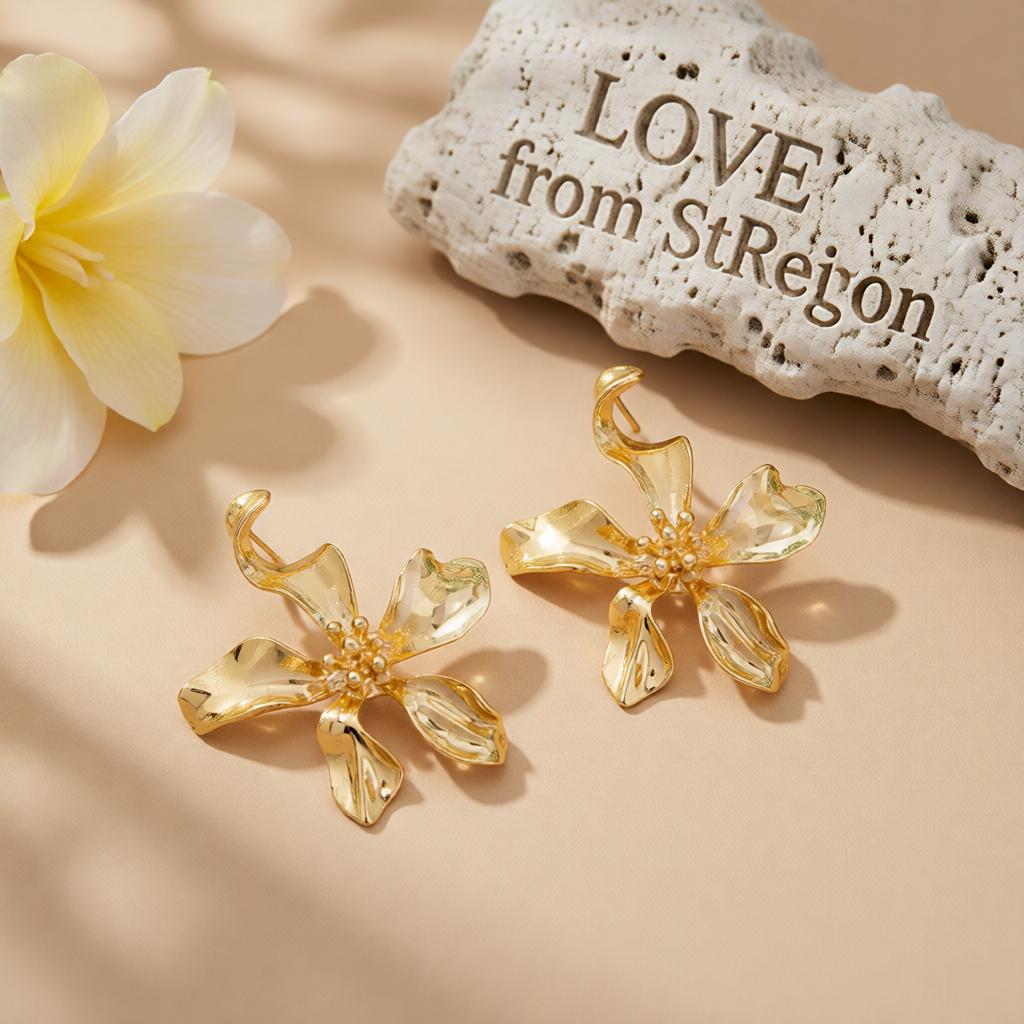 Goldtone Flower Statement Stud Earrings, cubic zirconia stud earrings for women, elegant gift for her, lifestyle look