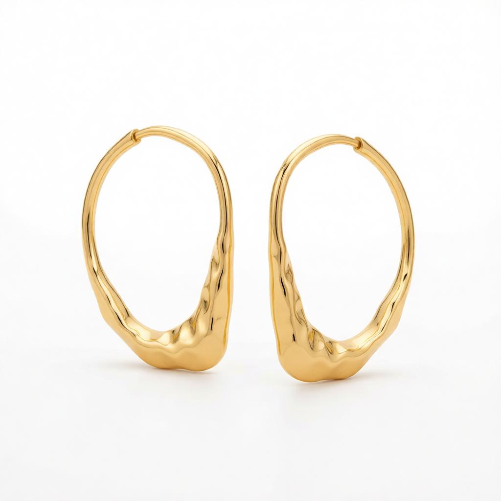 Goldtone Hammered Open Oval Statement Stud Earrings, cubic zirconia stud earrings for women, side view
